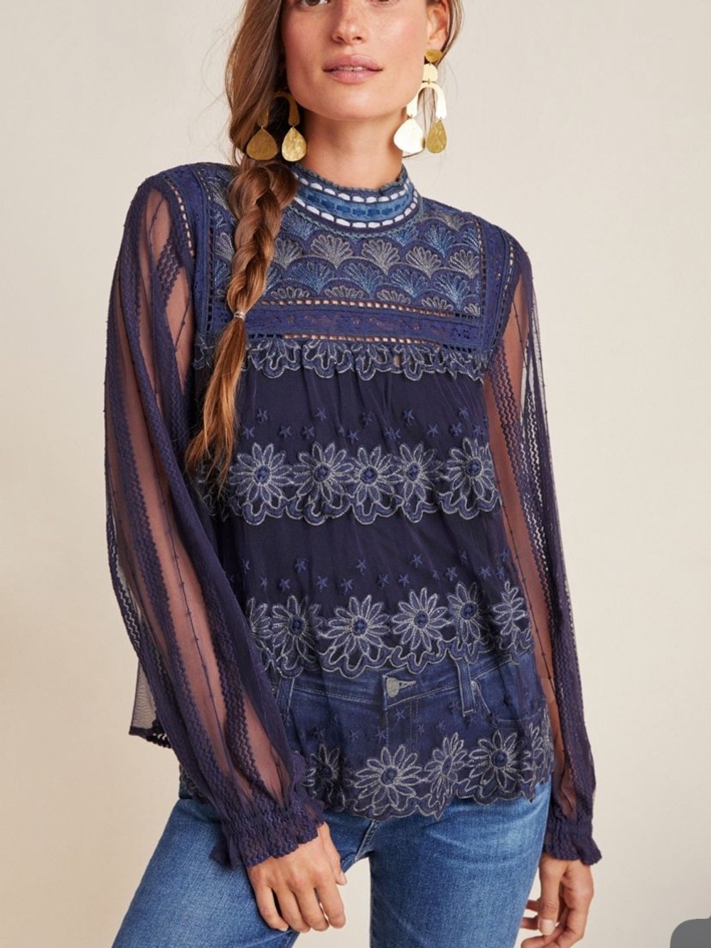 Women's Navy Embroidered Sheer Blouse